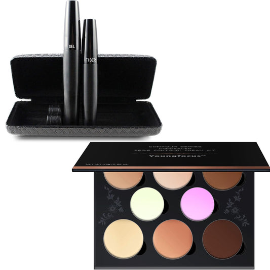 Youngfocus 3D Fiber Lash Mascara Waterproof, Luxuriously Longer + Cosmetics Cream Contour Best 8 Colors and Highlighting Makeup Kit
