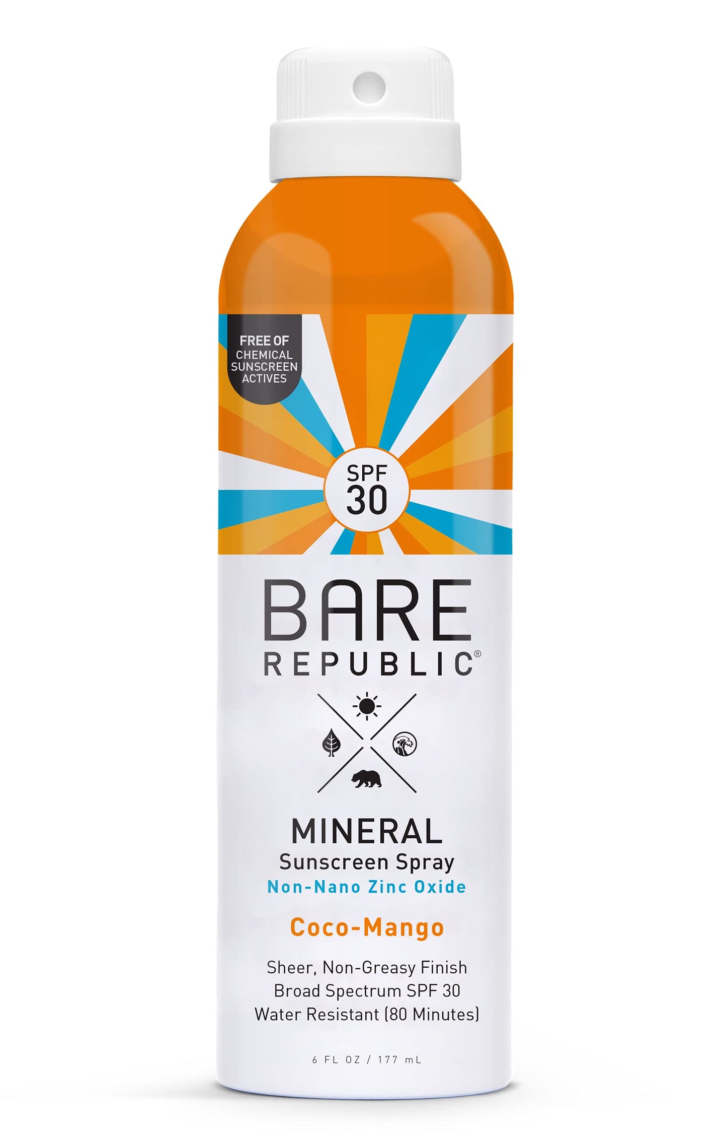 Bare Republic Mineral Sunscreen Spf 30 Sunblock Spray, Sheer And Non-Greasy Finish, Coconut Mango Scent, 6 Fl Oz