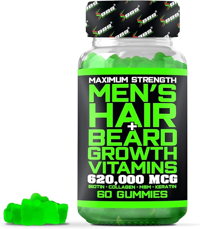 BBS Beard Growth & Hair Growth Vitamins for Men - Maximum Strength 620000mcg Biotin - Collagen - MSM - Keratin - Bamboo Extract - Multivitamin Gummies (Made by Best Beard Stuff USA)