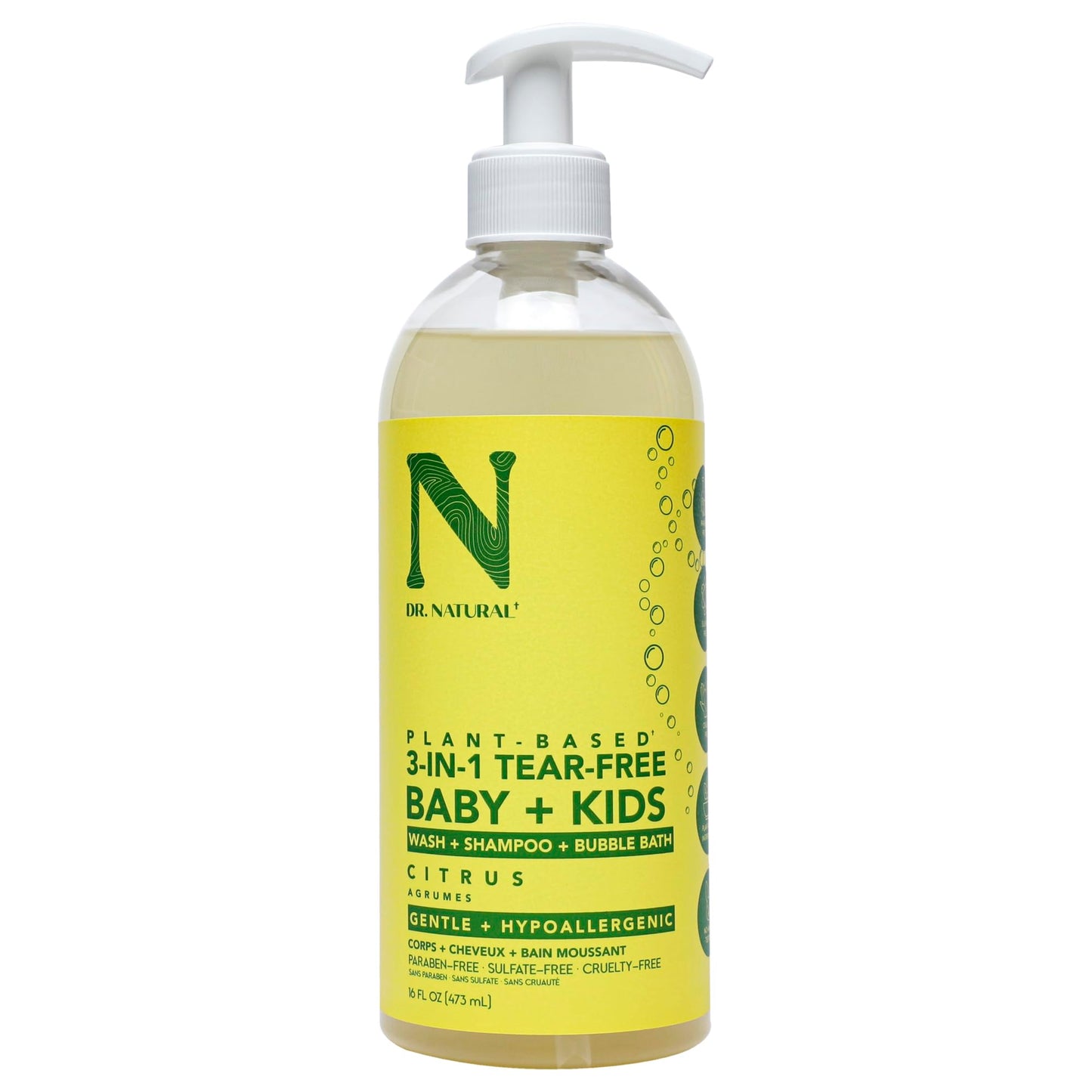 Dr. Natural 3-In-1 Tear-Free Baby Plus Kids Soap, Citrus, 16 Oz - Plant-Based Baby Shampoo And Body Wash - Sulfate And Paraben-F