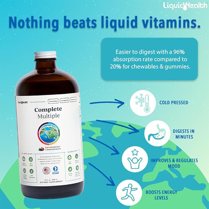 LIQUIDHEALTH Complete Multiple & Mega Energy B-Complex Daily Liquid Vitamins Bundle for Adults - Immune System Support, Increase Energy, Gut & Heart Health - Whole Foods, Vegan, Non-GMO, Made in USA