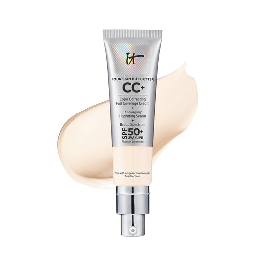 IT Cosmetics Your Skin But Better CC+ Cream, Fair Porcelain - Color Correcting Cream, Full-Coverage Foundation, Hydrating Serum & SPF 50+ Sunscreen - Natural Finish - 1.08 fl oz