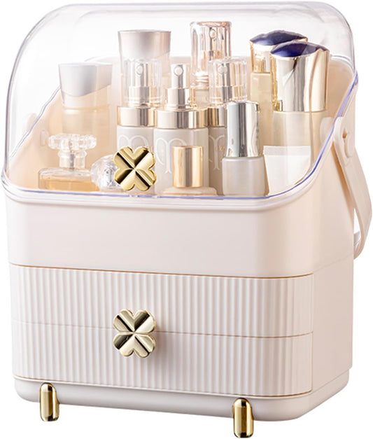 Makeup Organizer | 3-Tier Cosmetic Storage Box with Dust Cover & Drawers | Ivory