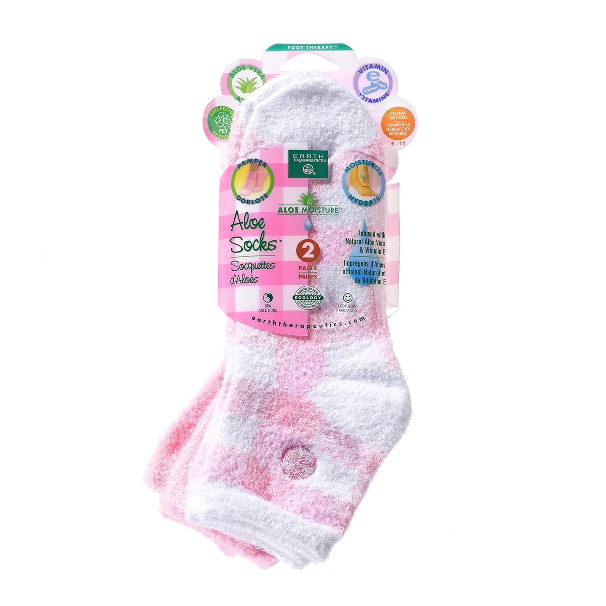 Earth Therapeutics Aloe Socks - Double Pack - Pink Plaid (2 Pairs)