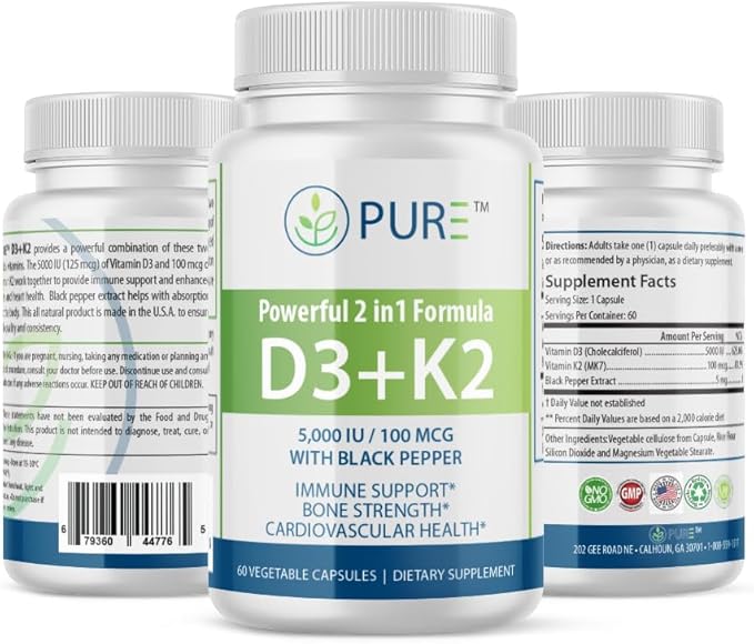 PURE D3 + K2, 5000 IU Vitamin D3, 100 mcg Vitamin K2, Black Pepper Extract, 60 Capsules, 2-Month Supply, Bone & Immune Support
