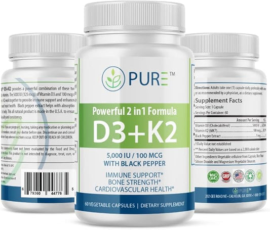 PURE D3 + K2, 5000 IU Vitamin D3, 100 mcg Vitamin K2, Black Pepper Extract, 60 Capsules, 2-Month Supply, Bone & Immune Support