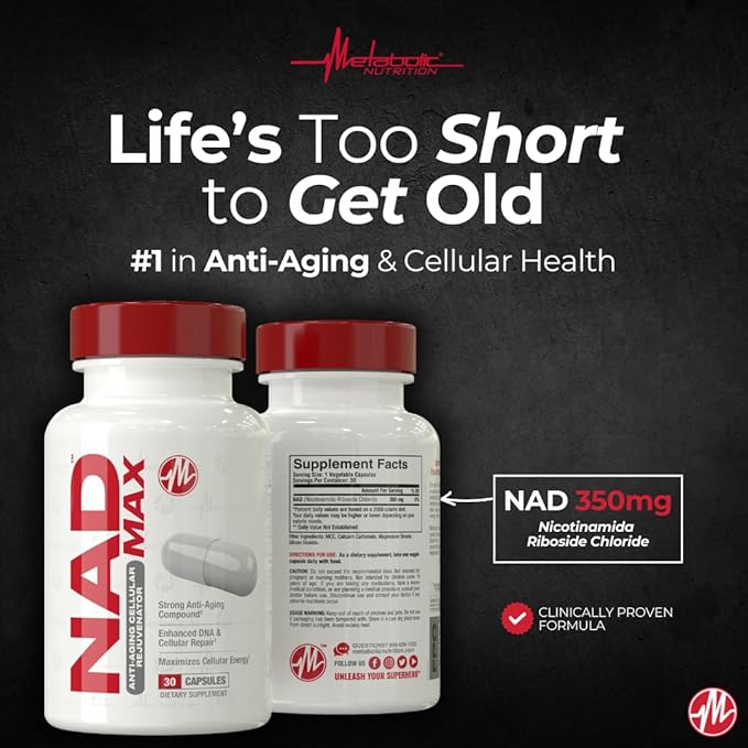 Metabolic Nutrition NAD MAX 350mg Anti-Aging Cellular Rejuvenator, Supports Cellular Energy and Mitochondrial Function, 30 Day Supply
