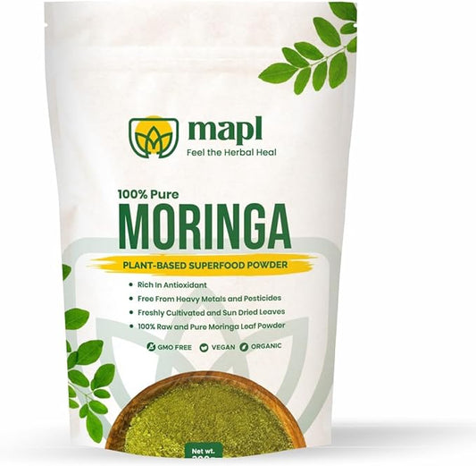 MAPL Pure Moringa Oleifera Powder | 100% Natural Ayurvedic Plant Based Dried Drumstick Tree Leaves | Raw & Natural, Rich in Nutrients, Blended for Skin & Hair Unrefined Ingredients | 200 Gram (7 Oz)