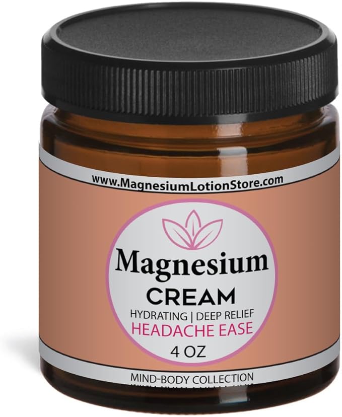 Magnesium Cream for Headache, Migraines, Muscle Soreness, Cramps Relief with Shea Butter, Coconut Oil, Aloe, Vitamin E - Magnesium Cream for Calm & Relaxation - Peperminty Scent - 4fl oz - USA Made