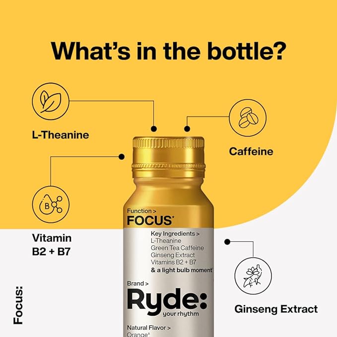 Ryde: Focus Shot | Orange Flavor | L-Theanine & Ginseng | Green Tea Caffeine | Vitamins B2 & B7 | 0 Calories, 0 Sugar | 2 FL OZ Shots | Supports Focus* (8 Pack)