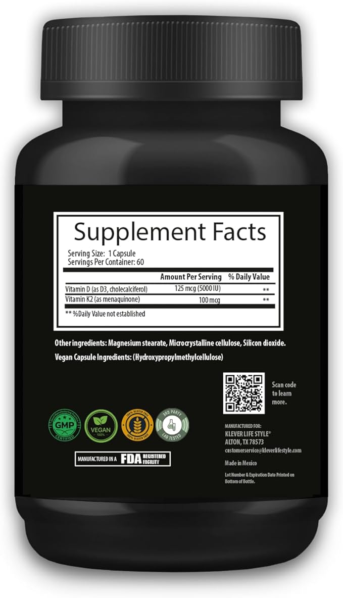 Klever Lifestyle | Vitamin D3 & K2 | Supplement for Bone, Joint & Immune Health, Mood Support, Antioxidant, Strong Bones | 60 Capsules | 5000 UI per Serving