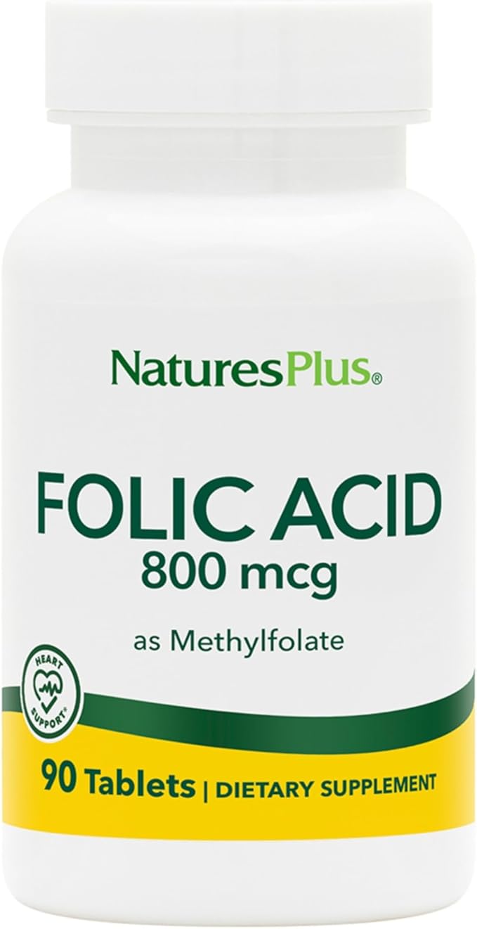 Natures Plus Folic Acid (Methylfolate) - 800 mcg, 90 Vegan Tablets - Supports Healthy Tissue Growth - Vegetarian, Gluten-Free - 90 Servings