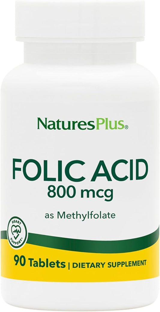 Natures Plus Folic Acid (Methylfolate) - 800 mcg, 90 Vegan Tablets - Supports Healthy Tissue Growth - Vegetarian, Gluten-Free - 90 Servings