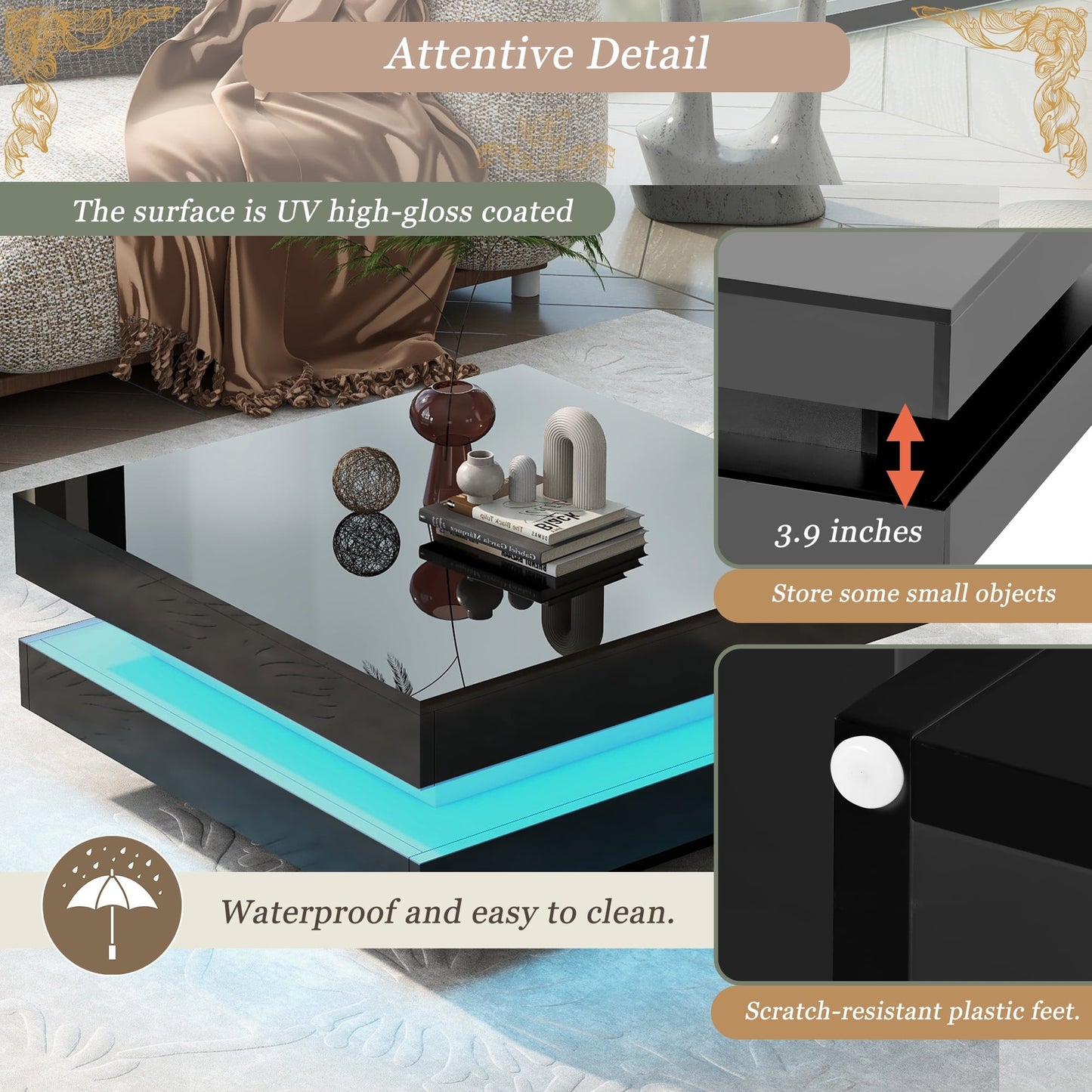High Gloss Minimalist Design with LED Lights, 2-Tier Square Coffee Table, Center Table for Living Room