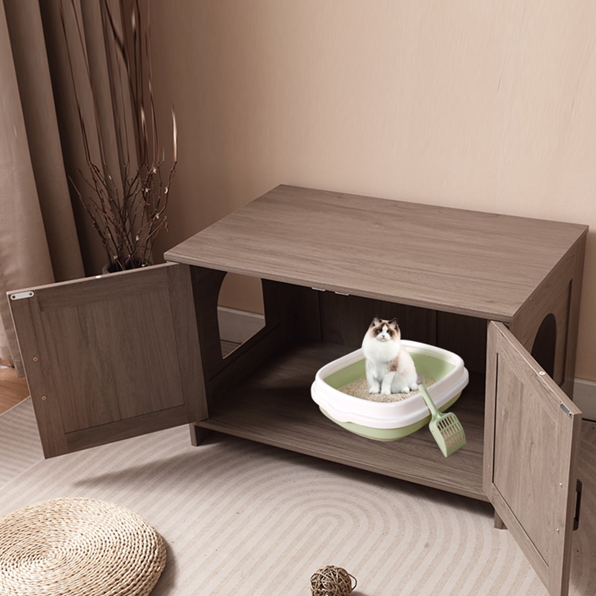 Noaman Cat Litter Box Enclosure with Barn Door, Wooden Cat Washroom Furniture & End Table, Fits Most Litter Boxes, 31.5"x19.7"x19.7", Greige