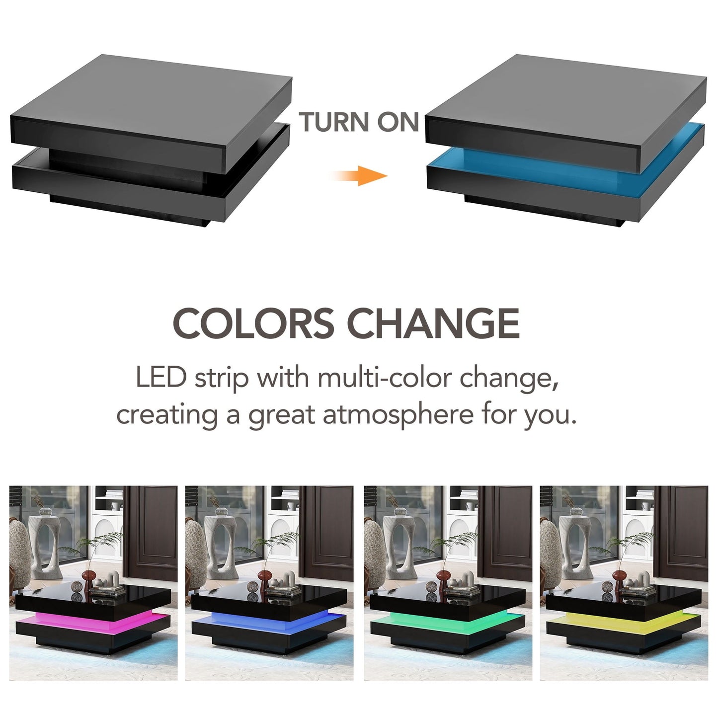 High Gloss Minimalist Design with LED Lights, 2-Tier Square Coffee Table, Center Table for Living Room