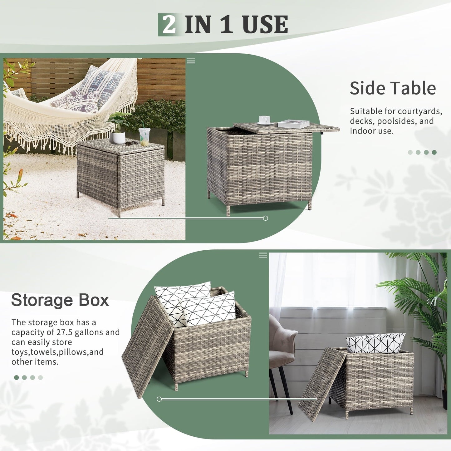 Ktaxon Wicker Side Table with Storage, 27 Galllon Square Ratten Storage Side Box Container for Furniture Covers, Toys and Gardening Tools, Gray
