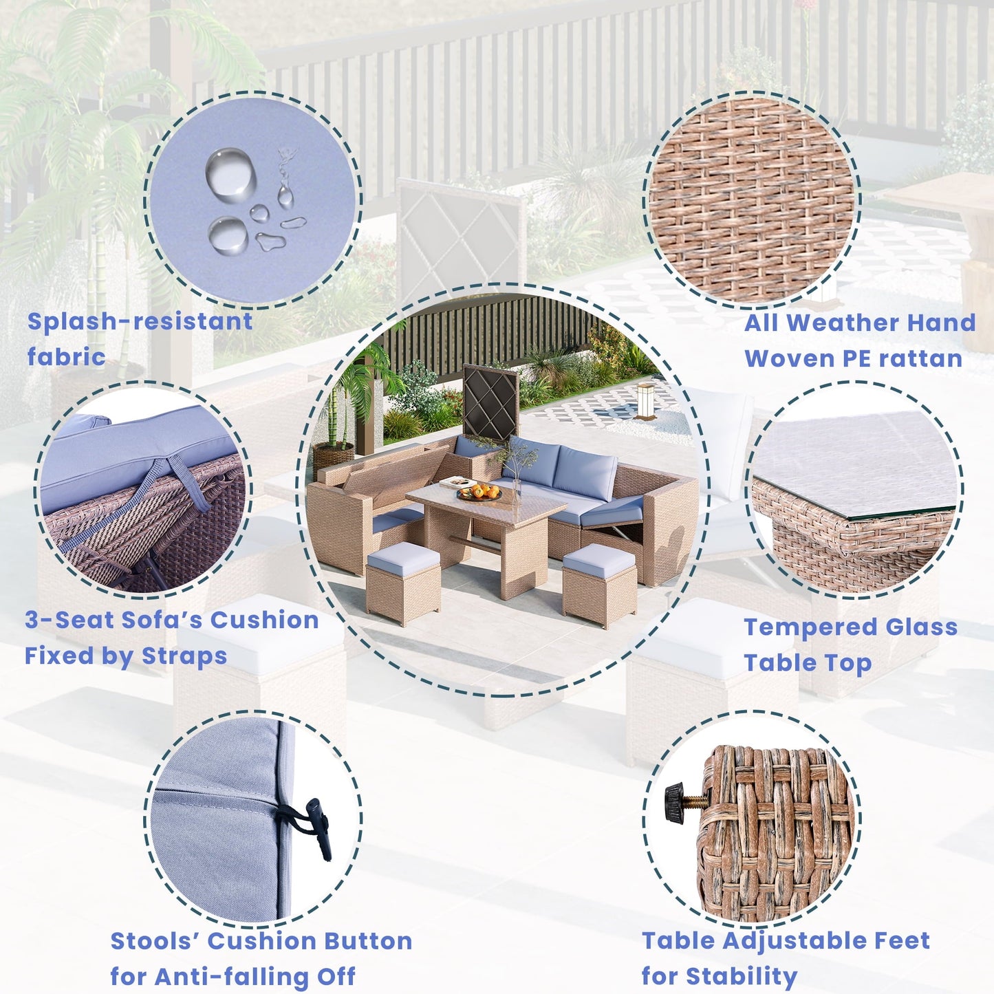 Olurrisa Outdoor 6-Piece All Weather PE Rattan Sofa Set, Garden Patio Wicker Sectional Furniture Set with Adjustable Seat, Storage Box, Removable Covers and Tempered Glass Top Table, Natural