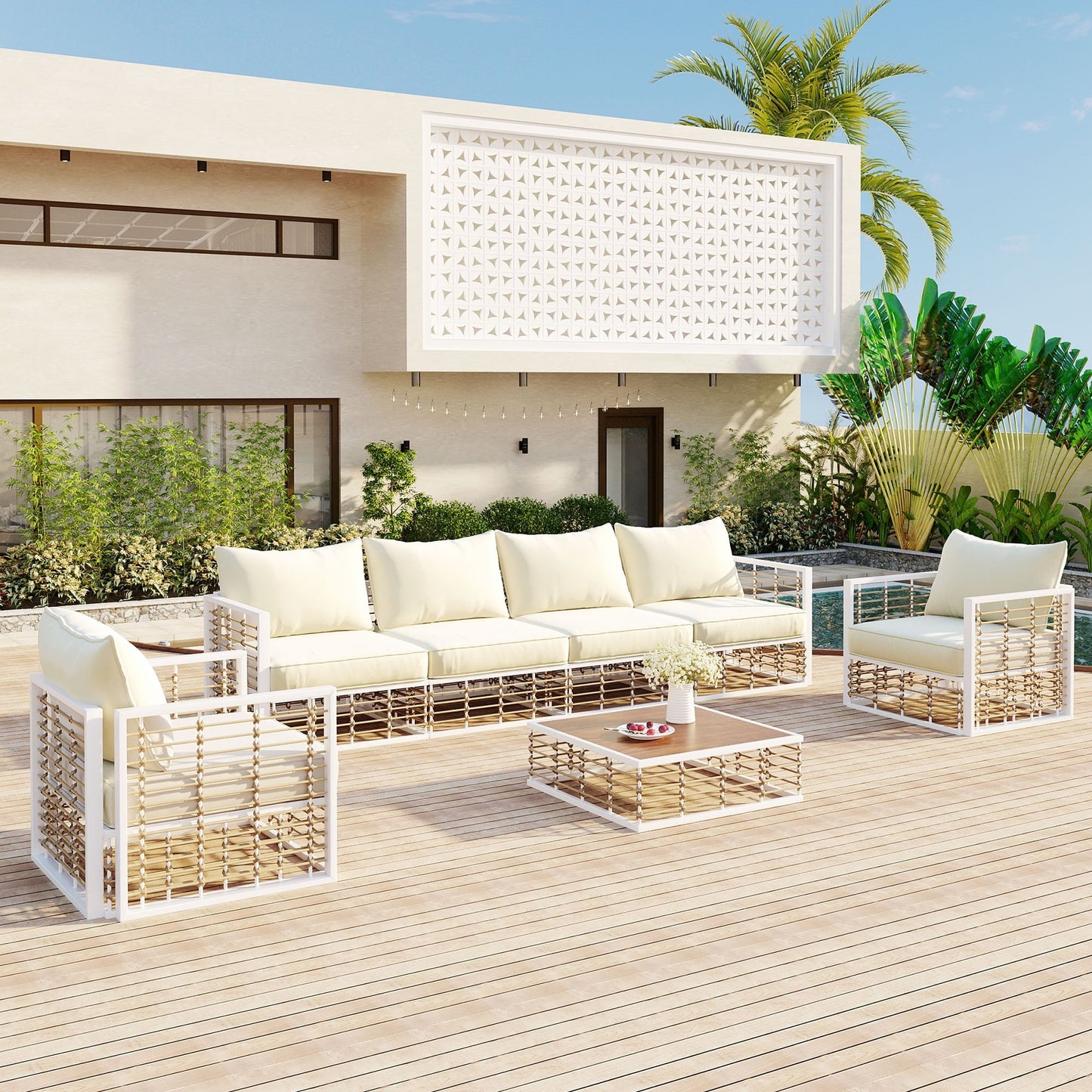 Olurrisa 7-Piece Metal Patio Sectional Sofa Set, All-Weather Garden Conversational Furniture Set with Thick Cushions and Coffee Table Modern Minimalist for Indoor Outdoor, White