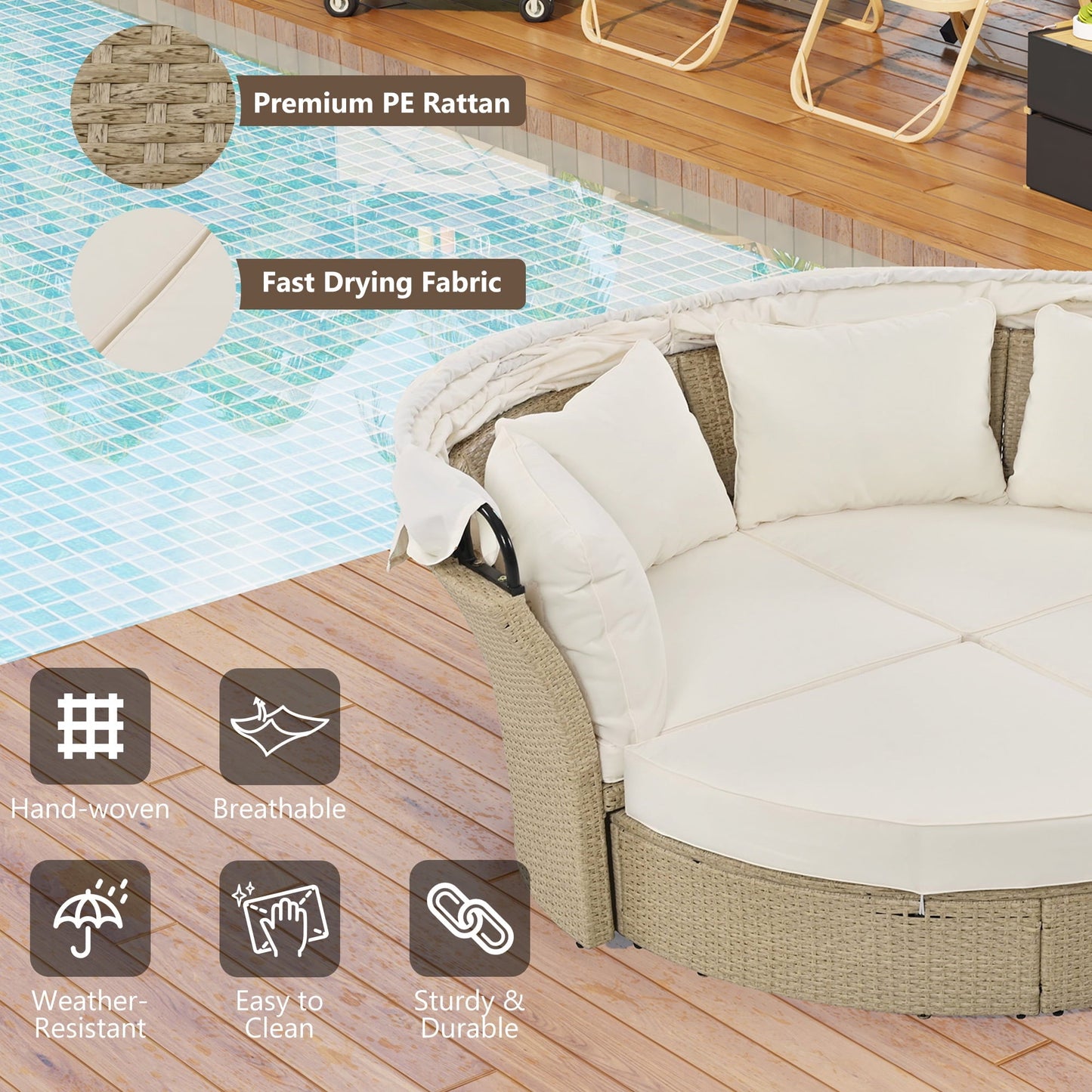 Outdoor Rattan Double Daybed with Retractable Shade, 4 Pillows Included for Lawn, Garden, or Poolside, Beige