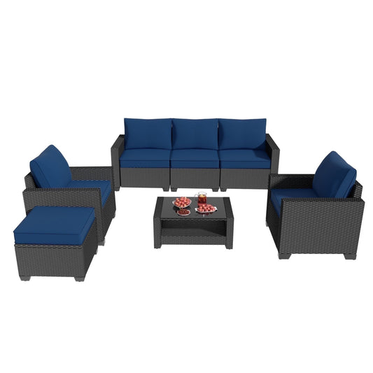 Opemtdo Sofa 7-Piece Modular Outdoor Wicker Sectional Patio Furniture Set with Ottoman and Two-Tier Coffee Table, Brown