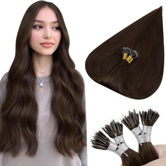 Hetto 22 Inch Nano Beads Hair Extensions Human Hair #4 Dark Brown Nano Ring Hair Extensions Pre Bonded Nano Link Extensions Remy