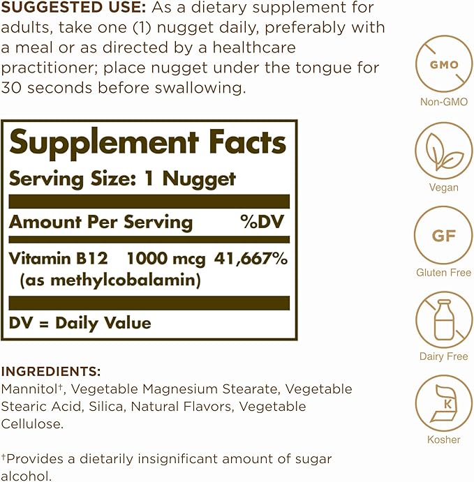 Solgar Methylcobalamin (Vitamin B12) 1000 mcg - 60 Nuggets, Pack of 2 - Supports Energy Metabolism - Non-GMO, Vegan, Gluten Free, Dairy Free, Kosher - 120 Total Servings