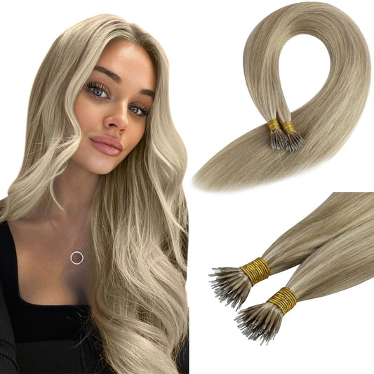 Sunny Hair Nano Bead Hair Extensions Human Hair Golden Blonde Nano Tip Hair Extensions Golden Blonde Highlighted Ash Blonde Nano