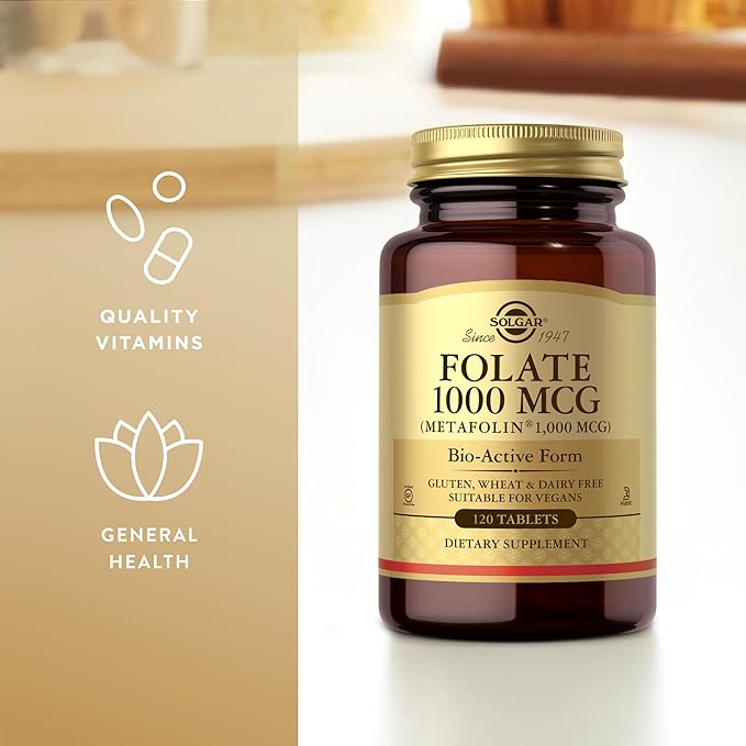 SOLGAR Folate 1000 mcg - 120 Tablets - 1000 mcg Bio-Active Metafolin - Vegan, Gluten Free, Dairy Free, Kosher - 120 Servings