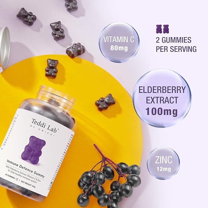Unichi Immune Defence Gummy, with Elderberry Extract, Vitamin C, Zinc to Promote Immune System Health, Defend Cold & Flu Symptoms, Berry Flavour, 60 Count