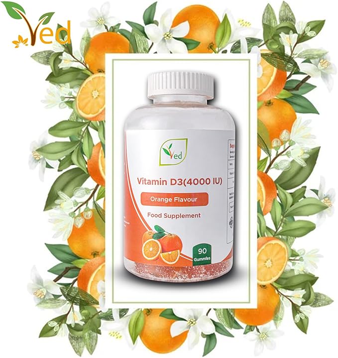 Ved Vitamin D3 Gummies for Adults 4000IU, Non GMO- Gluten Free, Orange Flavour -High Strength 90 Chewable Gummies (3 Month Supply)