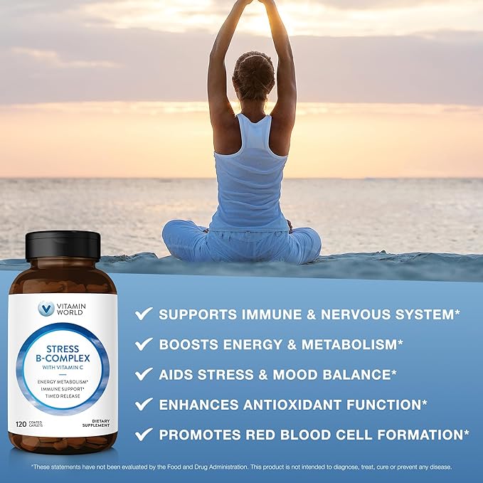 Vitamin World Stress Vitamin B Complex with Vitamin C, Timed Release High-Potency Vitamin B6, B12, Niacin, Folate & Biotin for Stress, Energy, Metabolism & Immune Support, Non-GMO, 120 Caplets