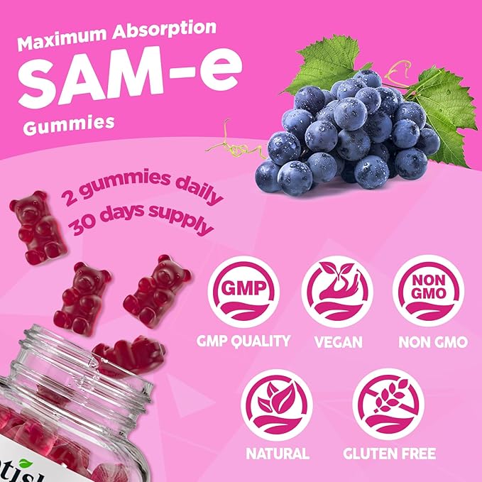 SAM-e with L-Tyrosine Gummies, Methylated Vitamin B-Complex & NAC, 1200mg SAM e Supplement, Methyl Folate and B12, for Stress Relief & Brain Support, Liver & Joint Health, Gluten-Free, Vegan, 60 Ct