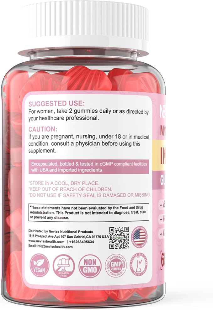 Myo-Inositol & D-Chiro Inositol Gummies Sugar Free, Ideal 40:1 Ratio Inositol Supplement for Women with Vegan Omega-3 & Vitamin D3, Magnesium, Methyl Folate + B12 for Female Health & Wellness, 60Cts