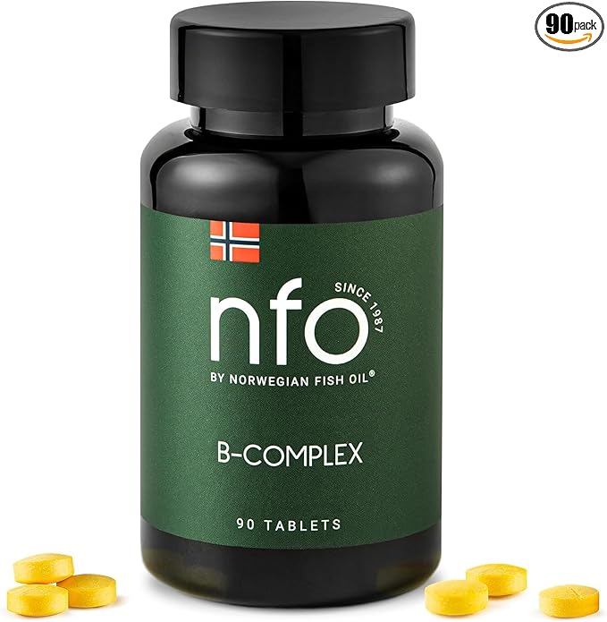 NFO Vitamin B Complex [90 Tablets] Norwegian Natural High-Dose Complex of Multivitamins of Group B in an Easily Accessible Form: B1, B2, B3, B5, B6, B9, B12 for Men and Women Made in Norway