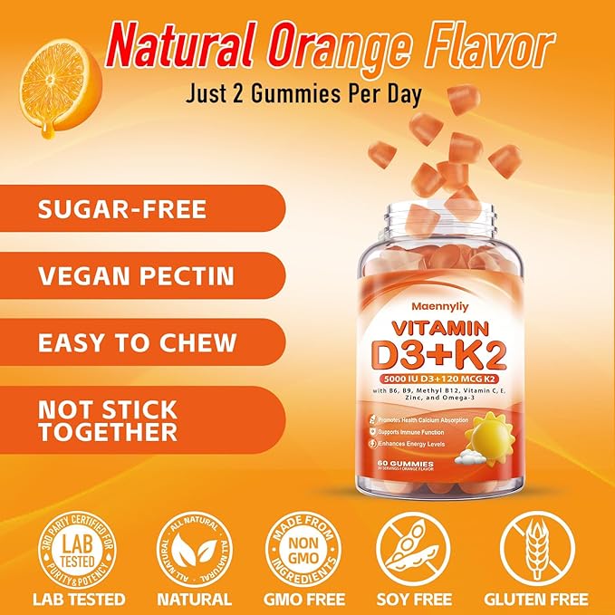 Vitamin D3 K2 Gummies for Adults - Vitamin D3 5000IU + K2 (MK-7) 120mcg - Sugar-Free D3 and K2 Supplements with Omega-3, Methyl B12, B9, B6, Vitamins E & Zinc - for Calcium Absorption & Immune Health