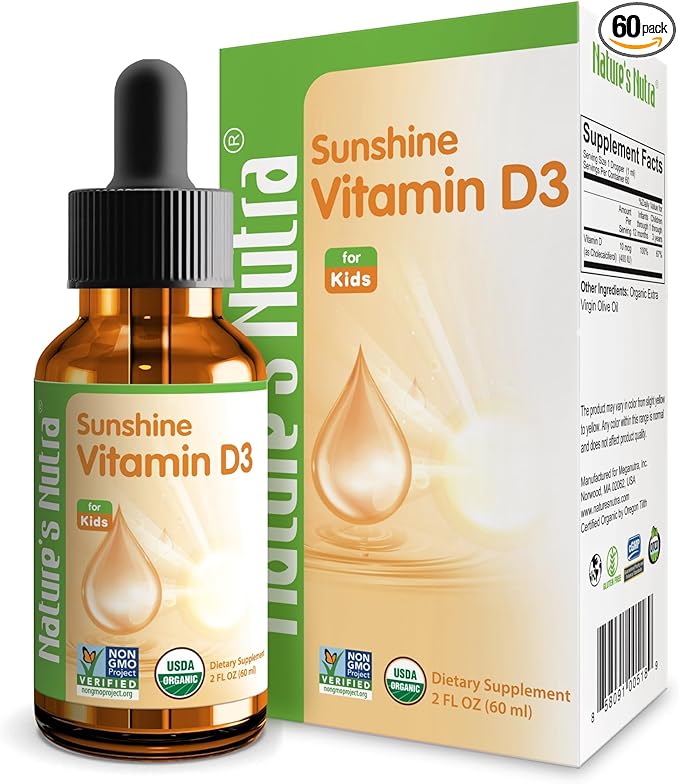 Nature's Nutra Sunshine Vitamin D3 400IU, 2 Fl. Oz (60ml), Premium Baby and Infant Liquid Drops, Toddlers Kids Children Multivitamin Supplement, Non-GMO, Plant Extract