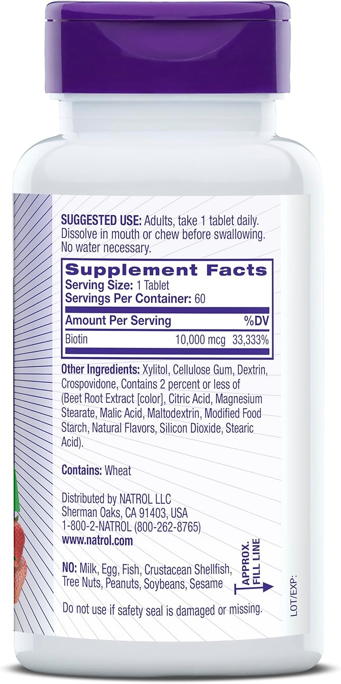 Natrol Beauty Biotin 10000mcg, Dietary Supplement for Healthy Hair, Skin, Nails and Energy Metabolism, 60 Strawberry-Flavored Fast Dissolve Tablets, 60 Day Supply (Pack of 12)