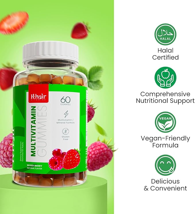 Khair Halal Adult Multivitamins Gummy - Vegan, Non-GMO - Gluten Free, Gelatin Free - Essential Vitamins: Vitamin A E C D B12 & Vitamin B6 Halal Vitamins - 60 Gummies
