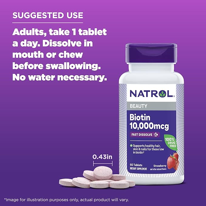 Natrol Beauty Biotin 10000mcg, Dietary Supplement for Healthy Hair, Skin, Nails and Energy Metabolism, 60 Strawberry-Flavored Fast Dissolve Tablets, 60 Day Supply (Pack of 12)
