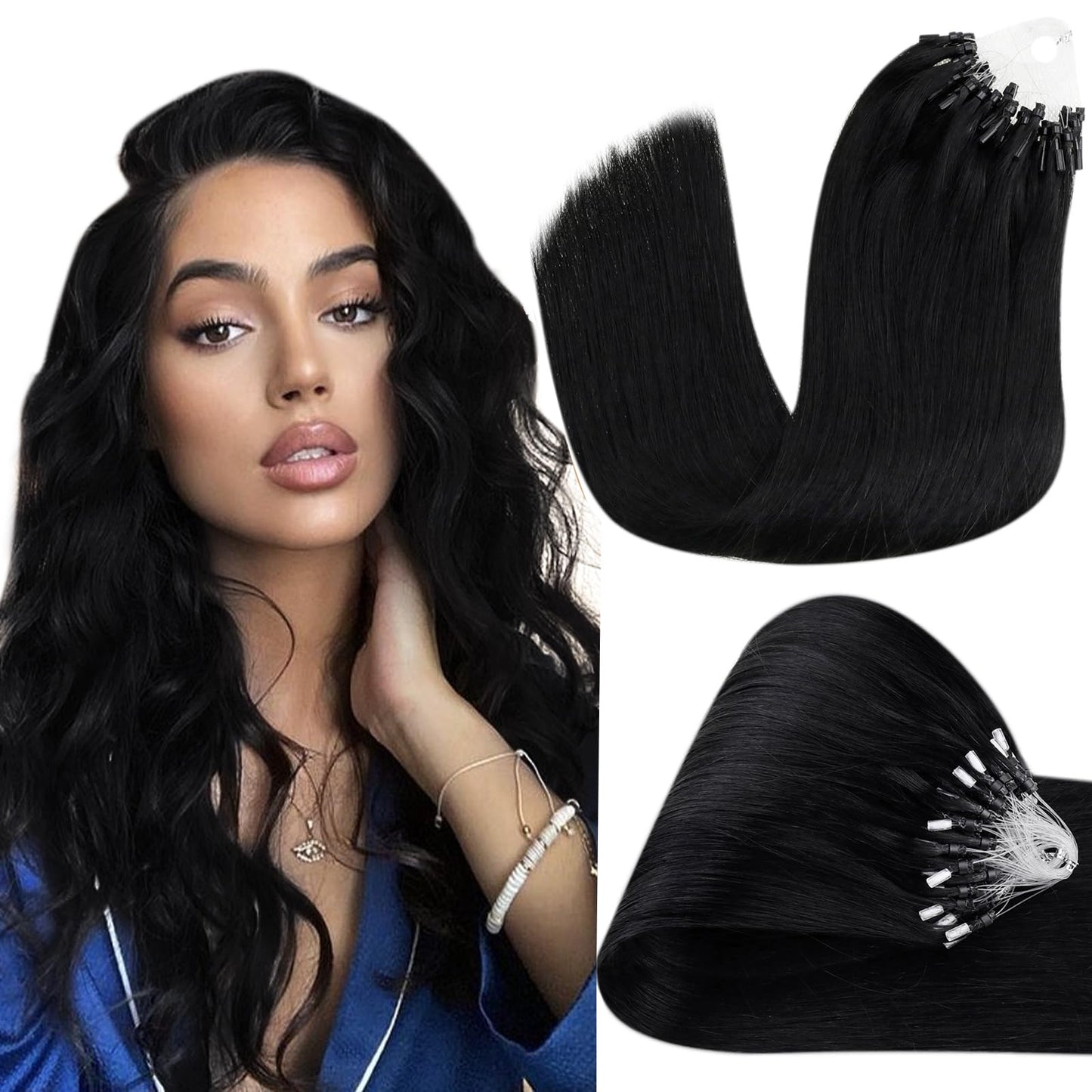 Hetto Micro Links Hair Extensions Human Hair #1 Jet Black Micro Loop Hair Extensions Real Human Hair 18 Inch Straight Microbeads