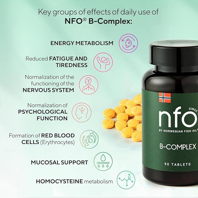 NFO Vitamin B Complex [90 Tablets] Norwegian Natural High-Dose Complex of Multivitamins of Group B in an Easily Accessible Form: B1, B2, B3, B5, B6, B9, B12 for Men and Women Made in Norway