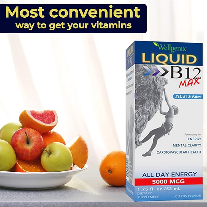 Wellgenix B12 Max Liquid - Vitamin B6, B12 & Folate-High Absorption - Cardiovascular Health, Mental Clarity, Energy Boost & Weight Loss - 1.75oz, 2 Pack