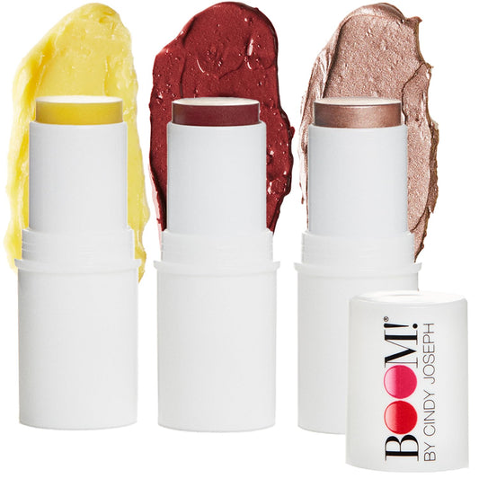 Boom! By Cindy Joseph Boomstick Trio - 3 Pack Boom Makeup Sticks - Blush Stick In Berry, Highlighter Stick & Moisturizer Stick -