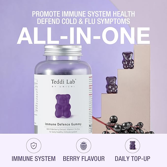 Unichi Immune Defence Gummy, with Elderberry Extract, Vitamin C, Zinc to Promote Immune System Health, Defend Cold & Flu Symptoms, Berry Flavour, 60 Count