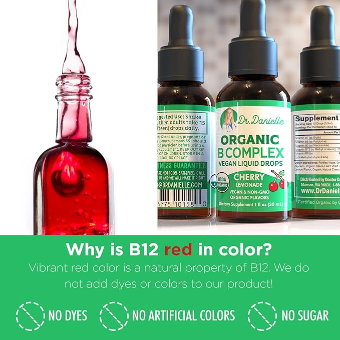 Organic Vitamin B Complex Liquid Drops | B Vitamins Complex Supplement with B3, B6, B7, B9 & Methyl B12 Drops for Adults & Kids | Vegan Cherry Flavor 1oz | 60 Servings / 2 Month Supply