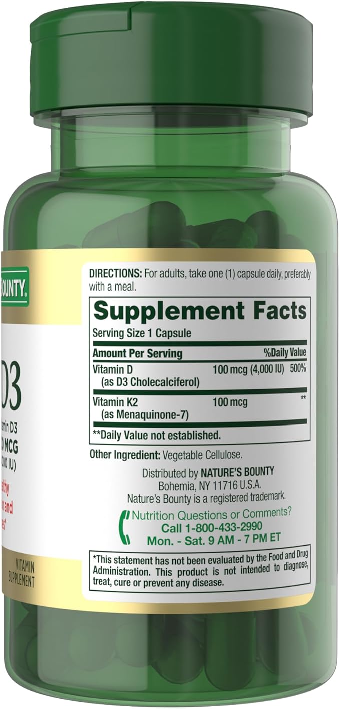 Nature's Bounty Vitamin D3 K2 Supplement, 4000 IU Vitamin D3 Plus 100 mcg of Vitamin K for Heart & Bone Health Support, 60 Day Supply, 60 Vegetarian Capsules, K2 + D3 Supplements for Adults