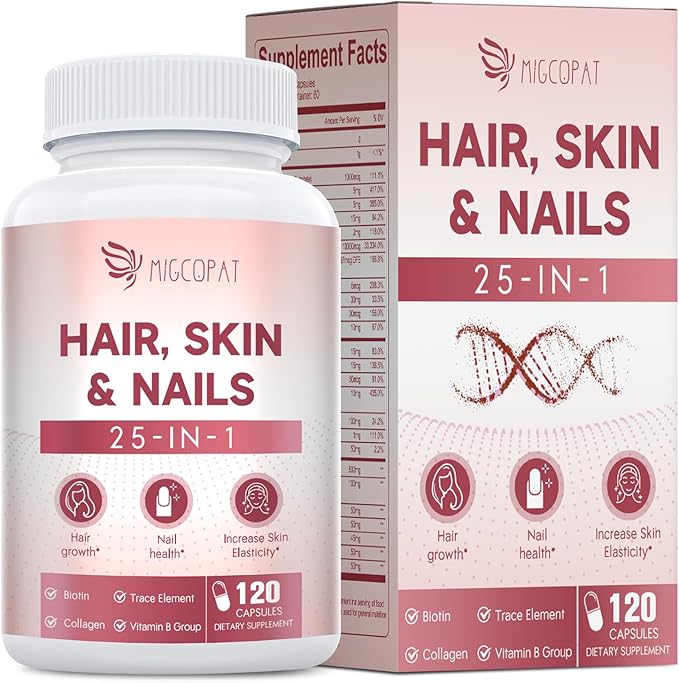 Hair, Skin & Nails Supplement - 25-in-1 Formula with Biotin 10,000mcg, Collagen, Vitamin B, C, D3, E, Folate, Iron - Supports Hair Growth, Skin Health, Nail Strength for Women - 120 Capsules