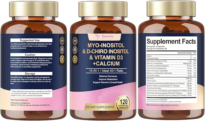 Myo-Inositol & D-Chiro Inositol for Women, 2050 mg inositol Supplement w/DIM, Ashwagandha, Folate, Vitamin D, Calcium, Ideal 40:1 Ratio, for Hormone Balance, Ovarian Function*, Overall Health, 120 Ct