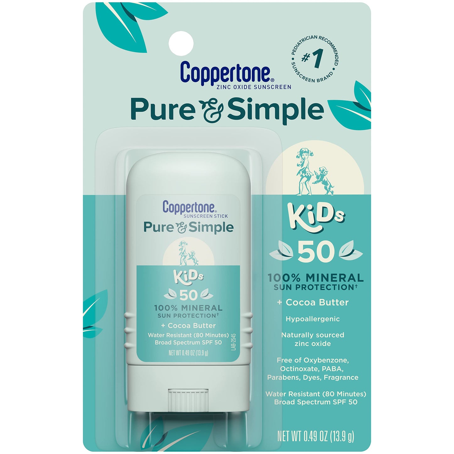 Coppertone Pure And Simple Sunscreen Stick Spf 50, Zinc Oxide Mineral Sunscreen Stick For Kids, Tear Free, Water Resistant, Broa